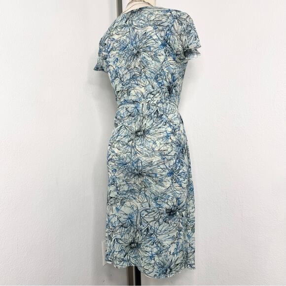 Y2K 00s Mesh Faux Wrap Dress Blue Floral V-Neck Sweet Pea Large Resort Vacation - Picture 5 of 10